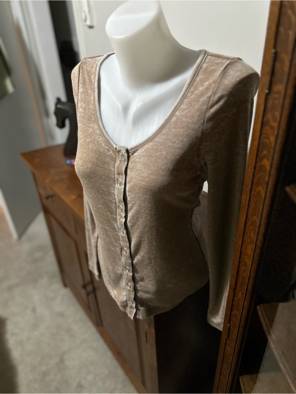 Chaser Neutral Beige Mineral Wash Ribbed Henley Long Sleeve Top